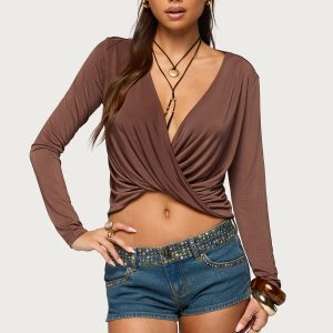 Draped V Neck Long Sleeve Top