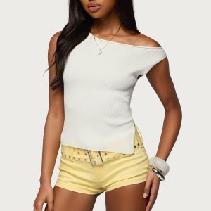 Myrah Asymmetric Off Shoulder Ribbed Knit Top