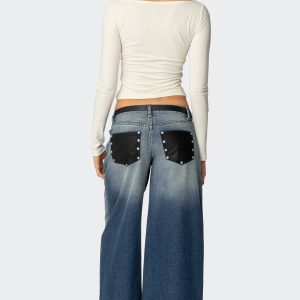 Faux Leather Pocket Low Rise Baggy Jeans