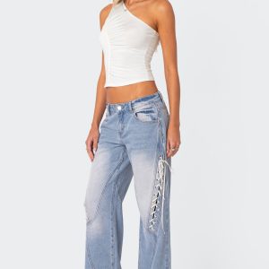 Ribbon Lace Up Low Rise Baggy Jeans