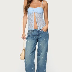 Edna Embroidered Floral Low Rise Baggy Jeans
