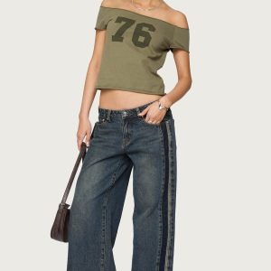 Petite Contrast Panel Low Rise Baggy Jeans