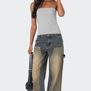 Contrast Panel Washed Mid Rise Baggy Jeans