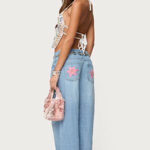 Mirra Embroidered Flower Low Rise Baggy Jeans