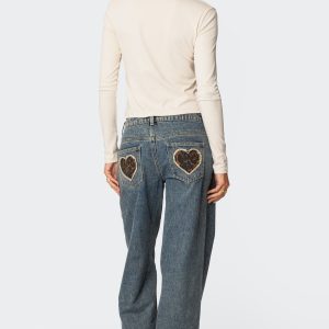 Leopard Heart Low Rise Baggy Jeans