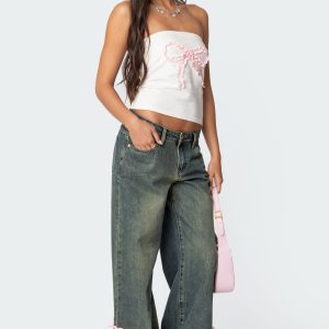 Bow Slitted Vintage Washed Low Rise Baggy Jeans