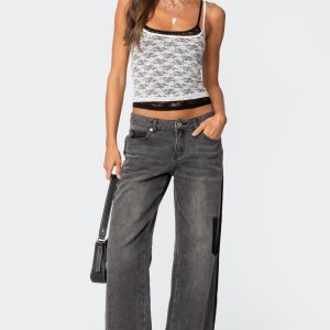 Contrast Pocket Washed Low Rise Baggy Jeans