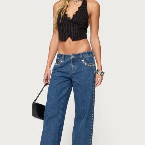 Iridescent Button Low Rise Baggy Jeans