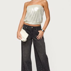 Rhinestone Washed Low Rise Baggy Jeans