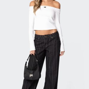 Lace Trim Striped Low Rise Baggy Jeans