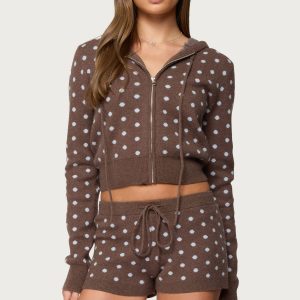 Kenny Polka Dot Knit Zip Up Hooded Cardigan