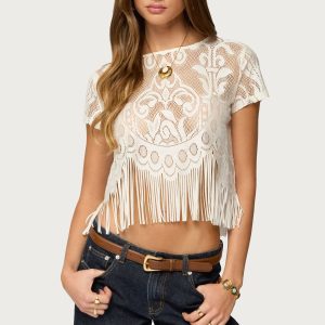 Kira Sheer Lace Fringe Top
