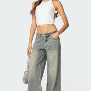 Rhinestone Washed Low Rise Baggy Jeans