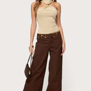 Mixed Grommet Low Rise Wide Leg Jeans