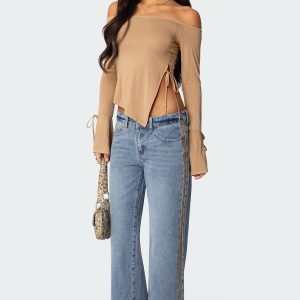 Faux Suede Stripe Low Rise Straight Leg Jeans