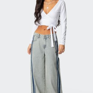 Side Stripe Washed Low Rise Baggy Jeans