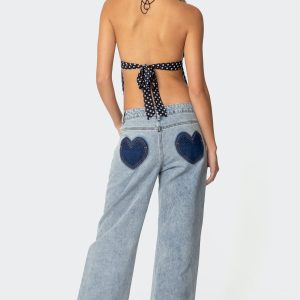Contrast Heart Washed Low Rise Baggy Jeans