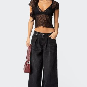 Pleated Detail Low Rise Baggy Jeans