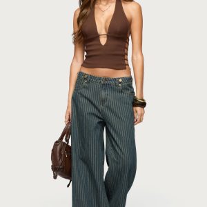 Button Pinstripe Low Rise Baggy Jeans