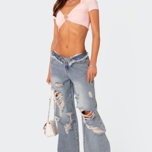 Distressed Fold Over Low Rise Wide Leg Jeans