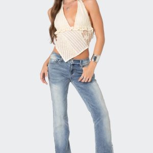 Frayed Seam Washed Low Rise Straight Leg Jeans