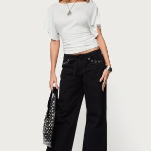 Grommet Tie Waist Low Rise Baggy Jeans