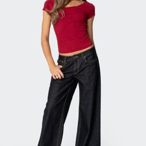 Plaid Cuffed Low Rise Baggy Jeans