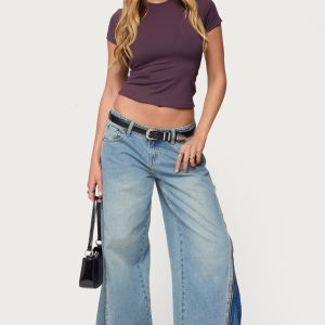 Zippered Washed Low Rise Wide Leg Jeans