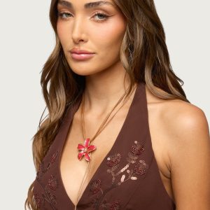 Hibiscus Faux Suede Cascading Necklace