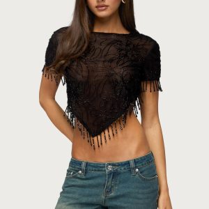 Yanna Beaded Fringe Poncho Top