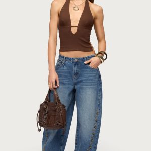 Button Stitch Low Rise Barrel Jeans