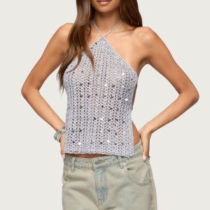 Thaly Backless Sequin Crochet Halter Top
