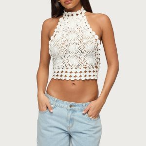 Backless Crochet High Neck Halter Top
