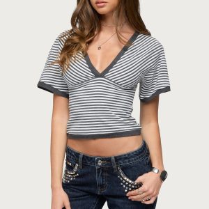Primrosa Striped V Neck Flutter Top