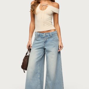 Stitched Low Rise Wide Leg Jeans