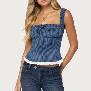 Zeffie Textured Gingham Tie Front Top