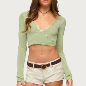 Hyla Button Cropped Knit Wrap Top
