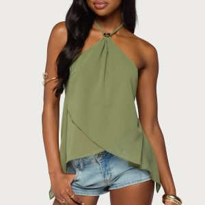 Chiffon Split Open Back Halter Top