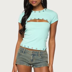 Suda Iridescent Button Cutout T Shirt