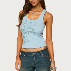 Veila Rhinestone Ribbed Graphic Tank Top