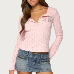 76 Rhinestone Floral Henley Top